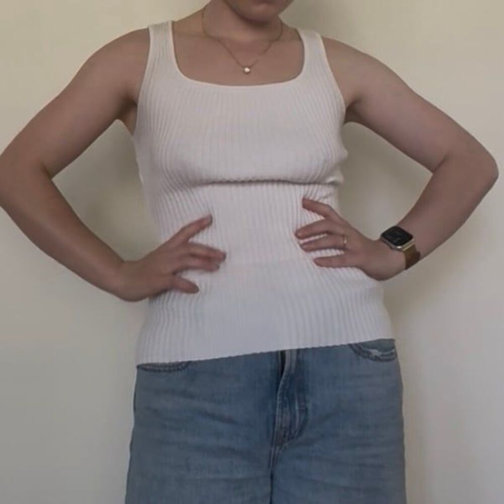 MEROKEETY White Ribbed Knit Square Neck Tank Top Size S